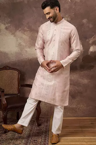 Men pink silk blend solid embroidered straight kurta with pant set
