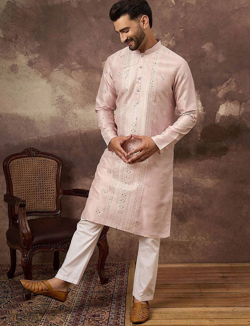 Men pink silk blend solid embroidered straight kurta with pant set