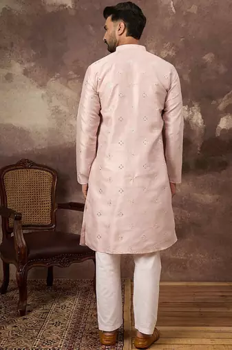 Men pink silk blend solid embroidered straight kurta with pant set