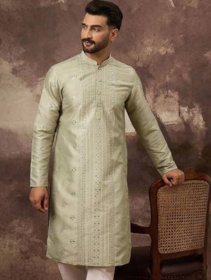 Men green silk blend solid embroidered straight kurta with pant set 1