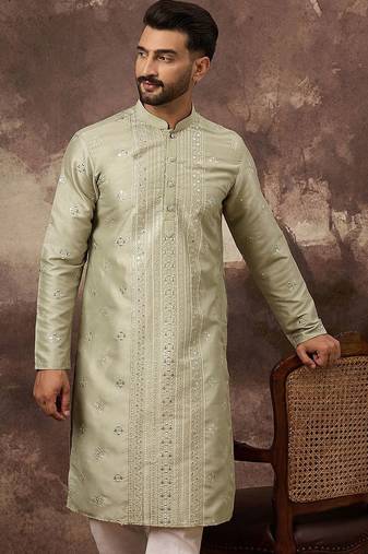 Men green silk blend solid embroidered straight kurta with pant set