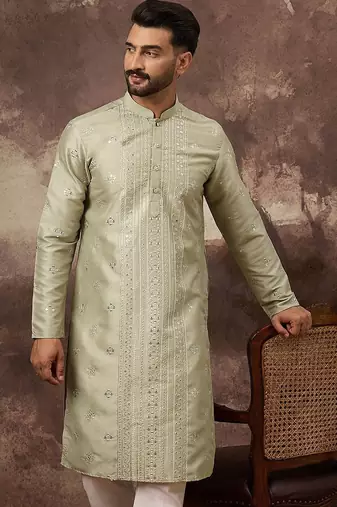 Men green silk blend solid embroidered straight kurta with pant set