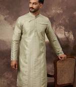 Men green silk blend solid embroidered straight kurta with pant set