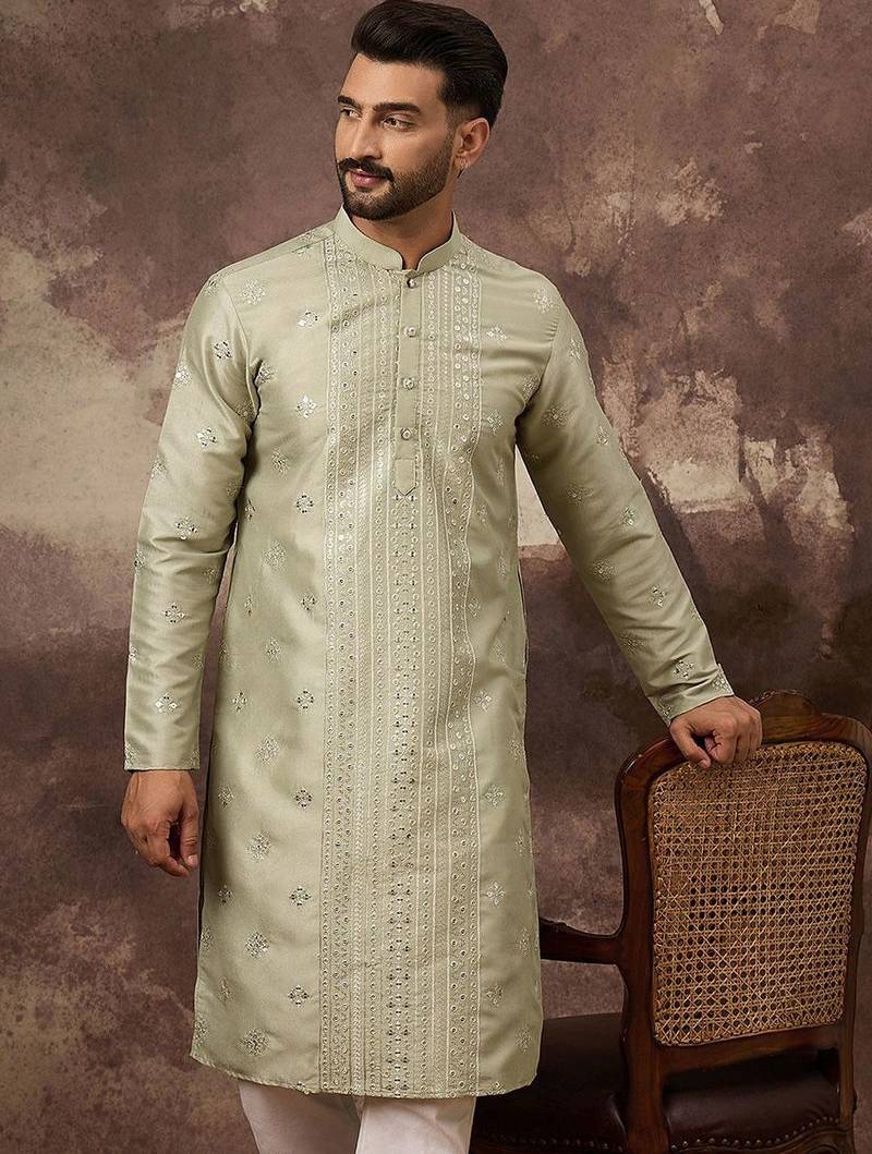 Men green silk blend solid embroidered straight kurta with pant set