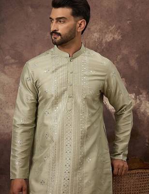 Men green silk blend solid embroidered straight kurta with pant set 2