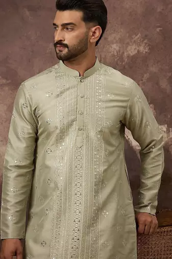 Men green silk blend solid embroidered straight kurta with pant set