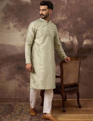 Men green silk blend solid embroidered straight kurta with pant set 3