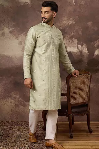 Men green silk blend solid embroidered straight kurta with pant set