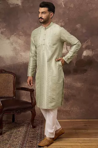 Men green silk blend solid embroidered straight kurta with pant set