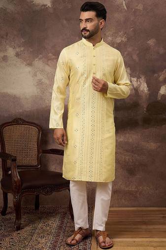 Men yellow silk blend solid embroidered straight kurta with pant set