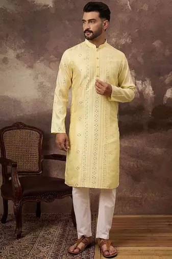 Men yellow silk blend solid embroidered straight kurta with pant set