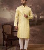 Men yellow silk blend solid embroidered straight kurta with pant set