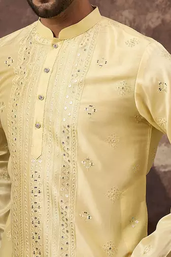 Men yellow silk blend solid embroidered straight kurta with pant set