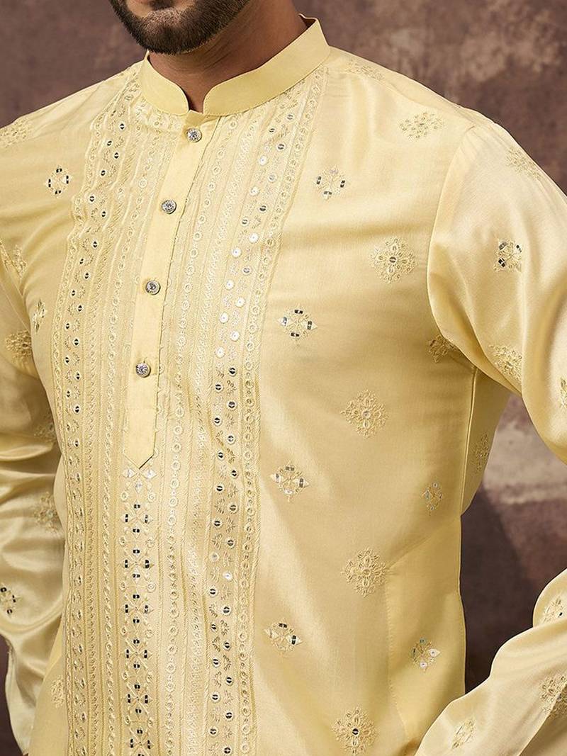 Men yellow silk blend solid embroidered straight kurta with pant set