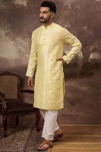 Men yellow silk blend solid embroidered straight kurta with pant set