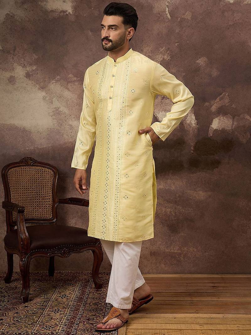 Men yellow silk blend solid embroidered straight kurta with pant set