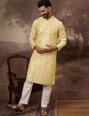 Men yellow silk blend solid embroidered straight kurta with pant set 4