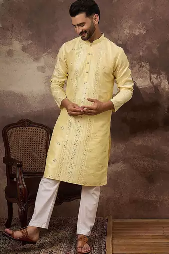Men yellow silk blend solid embroidered straight kurta with pant set