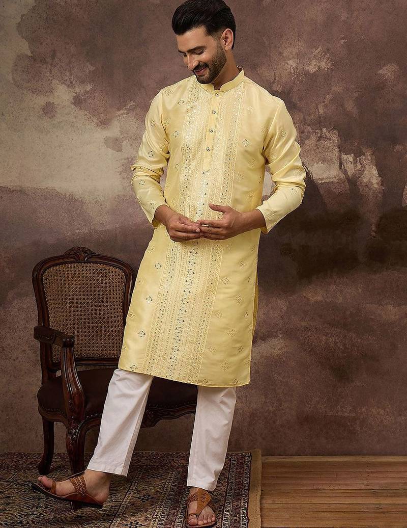 Men yellow silk blend solid embroidered straight kurta with pant set