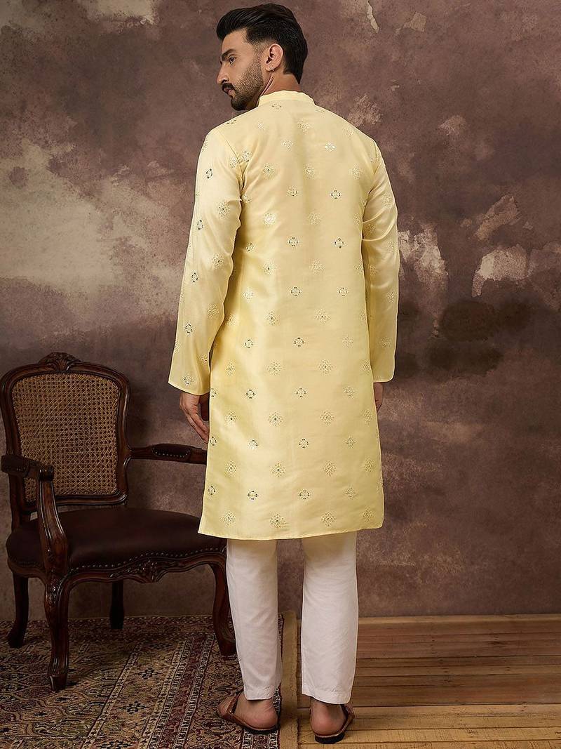Men yellow silk blend solid embroidered straight kurta with pant set