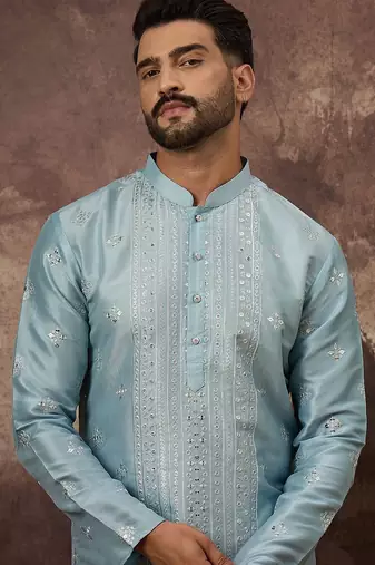 Men blue silk blend solid embroidered straight kurta with pant set
