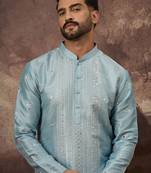 Men blue silk blend solid embroidered straight kurta with pant set