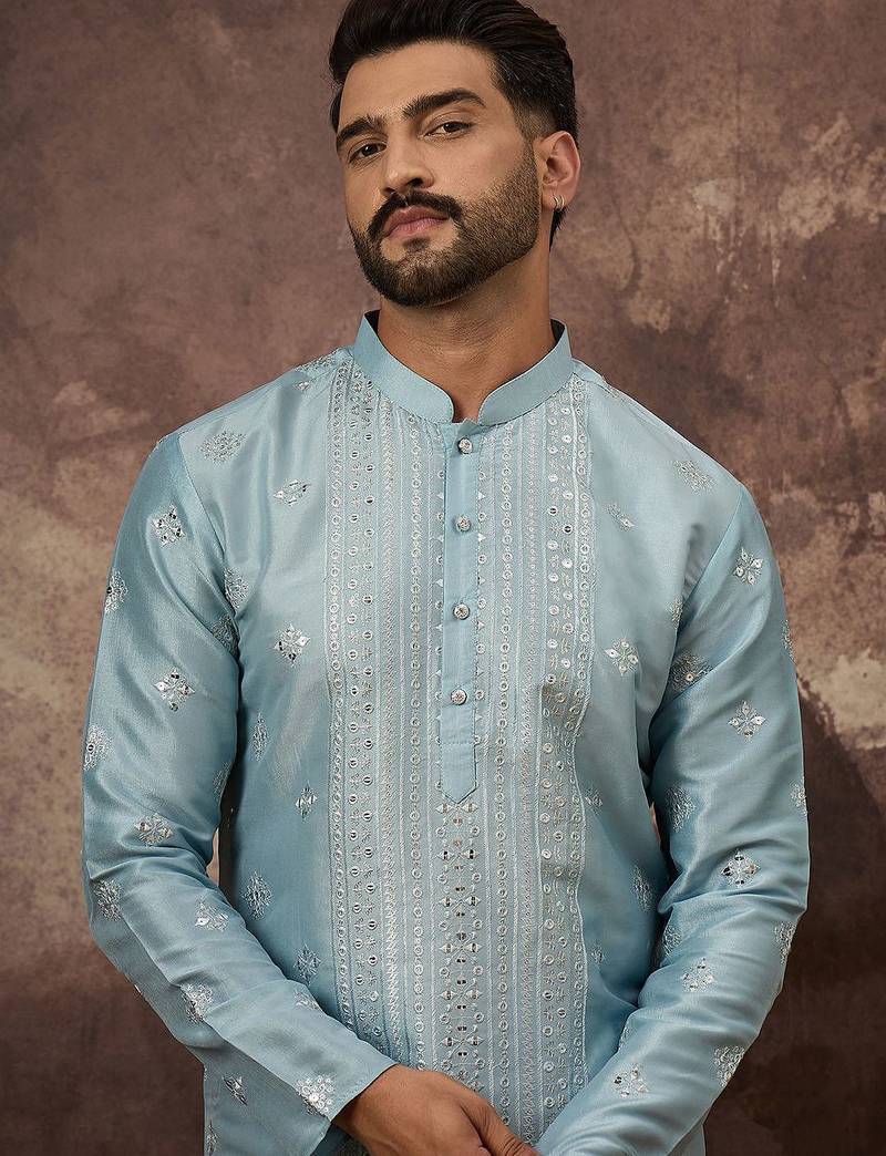 Men blue silk blend solid embroidered straight kurta with pant set