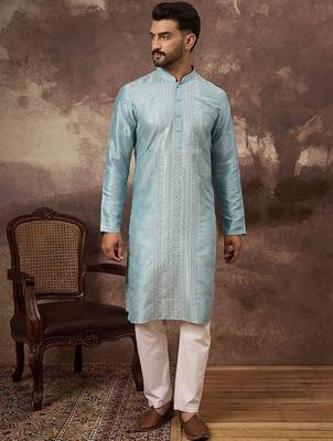 Men blue silk blend solid embroidered straight kurta with pant set 2