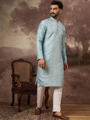 Men blue silk blend solid embroidered straight kurta with pant set 3