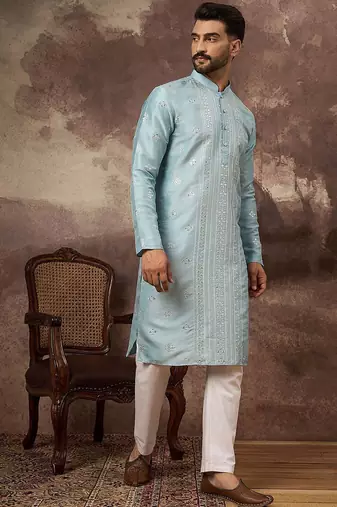 Men blue silk blend solid embroidered straight kurta with pant set
