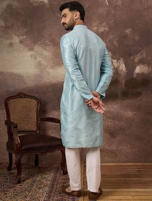 Men blue silk blend solid embroidered straight kurta with pant set 4
