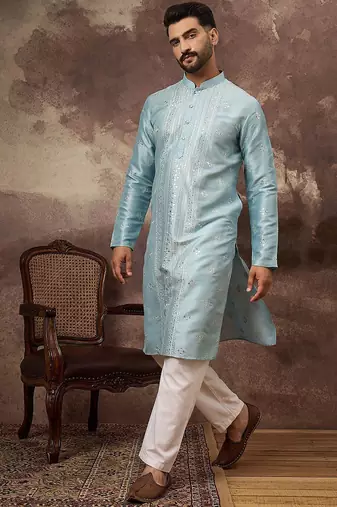 Men blue silk blend solid embroidered straight kurta with pant set