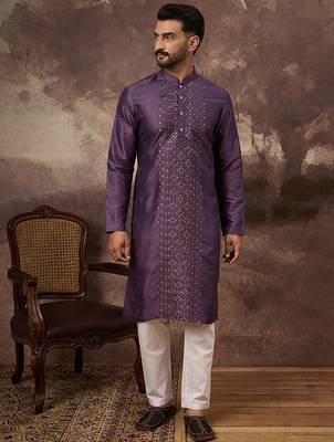 Men purple silk blend embroidered sequins straight kurta with trouser 1