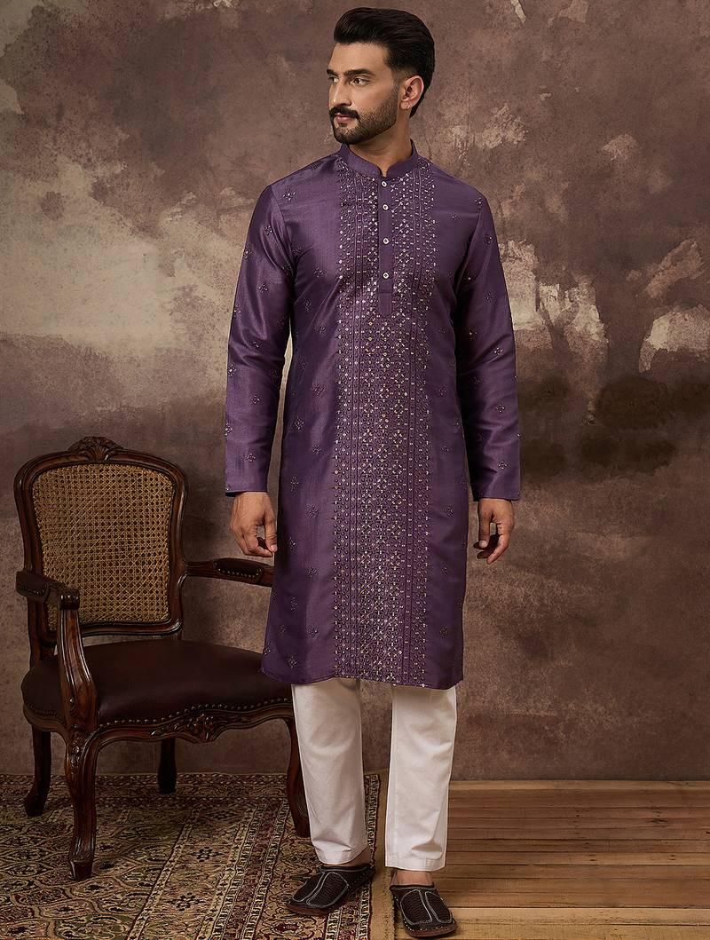 Men purple silk blend embroidered sequins straight kurta with trouser