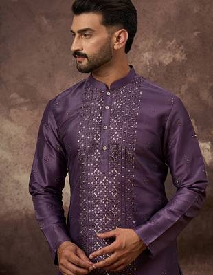 Men purple silk blend embroidered sequins straight kurta with trouser 2
