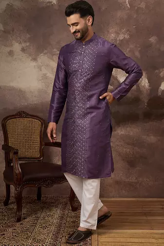 Men purple silk blend embroidered sequins straight kurta with trouser