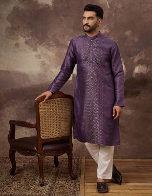 Men purple silk blend embroidered sequins straight kurta with trouser 4