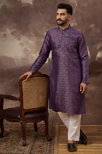 Men purple silk blend embroidered sequins straight kurta with trouser