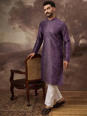 Men purple silk blend embroidered sequins straight kurta with trouser 5