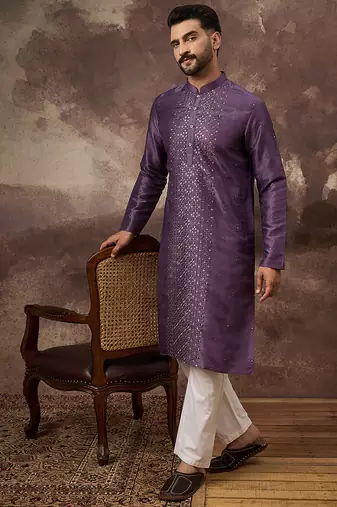 Men purple silk blend embroidered sequins straight kurta with trouser