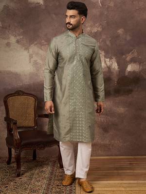 Men green silk blend solid embroidered straight kurta with trouser 1