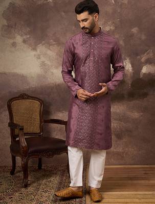 Men mavue silk blend solid embroidered straight kurta with trouser 1