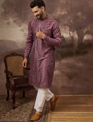 Men mavue silk blend solid embroidered straight kurta with trouser 3