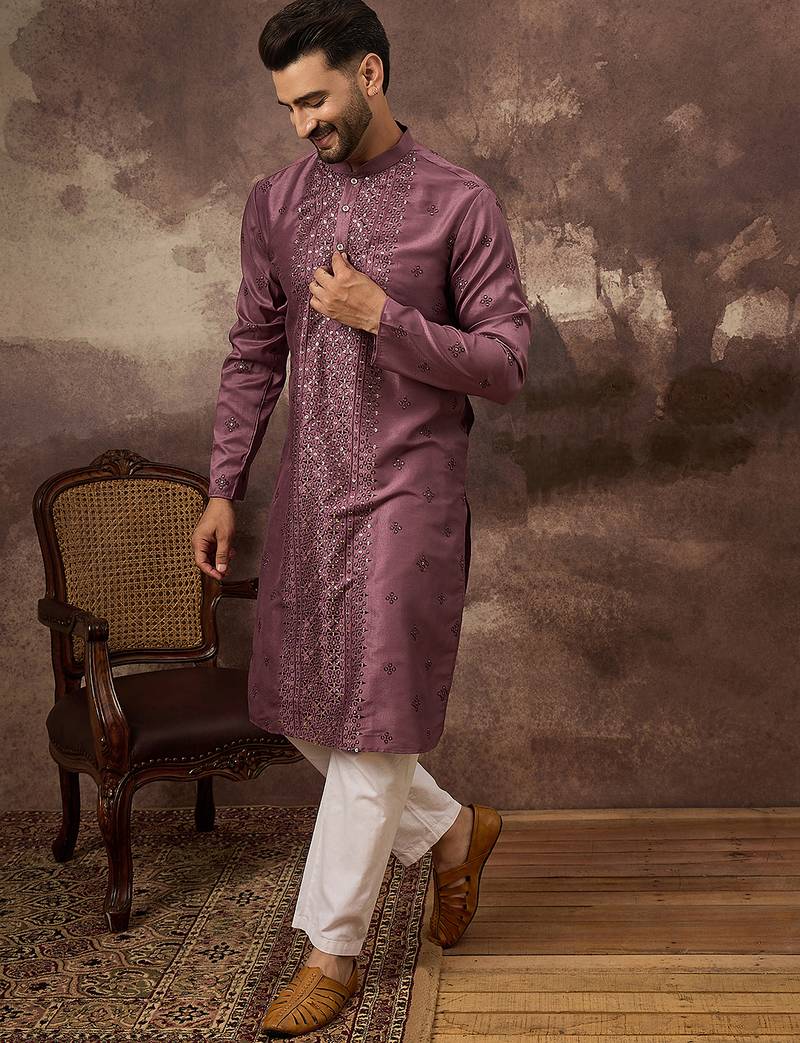 Men mavue silk blend solid embroidered straight kurta with trouser