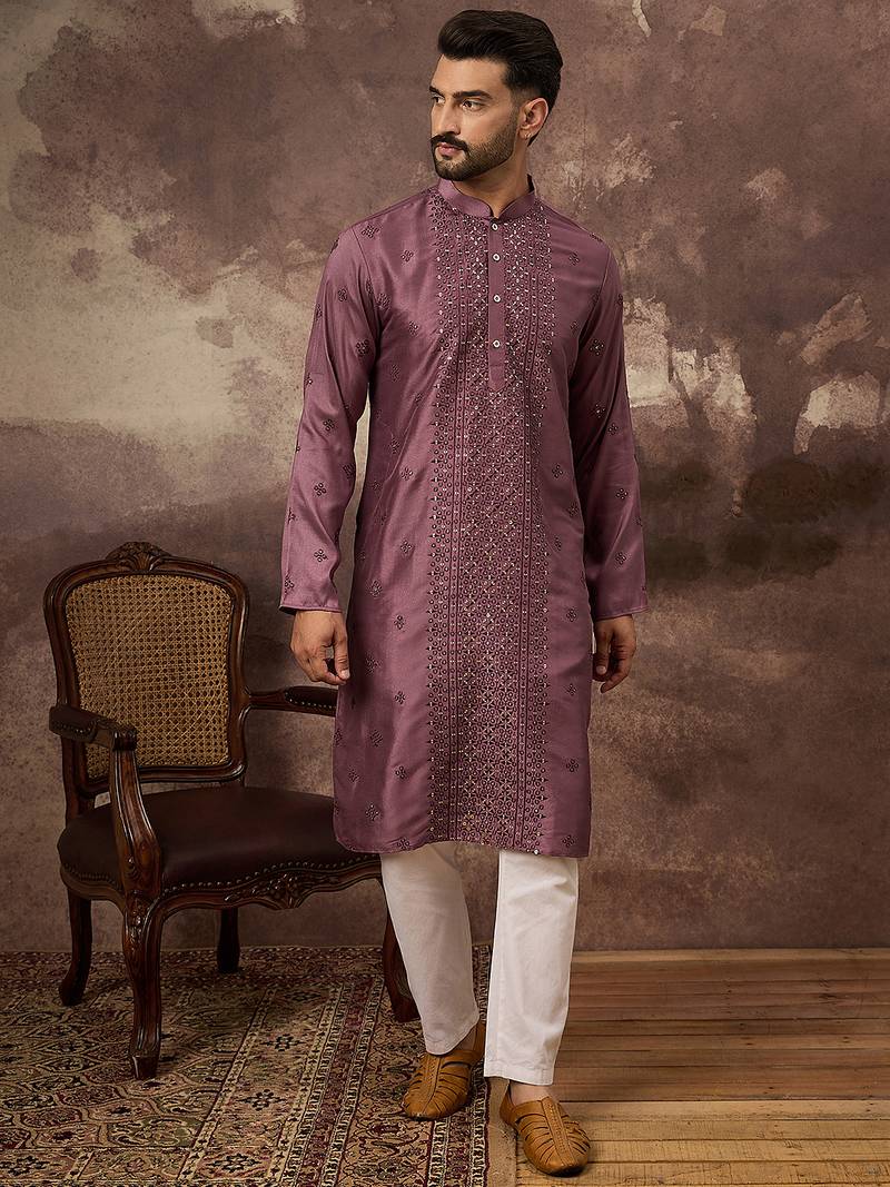 Men mavue silk blend solid embroidered straight kurta with trouser