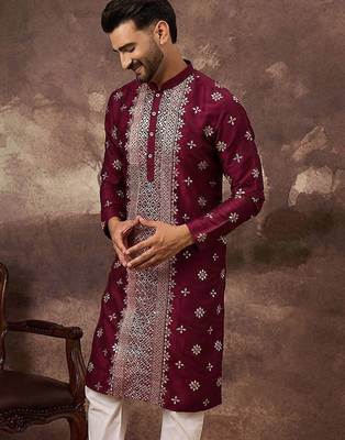 Men maroon silk blend solid embroidered straight kurta with pant set 1