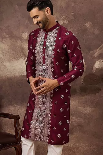 Men maroon silk blend solid embroidered straight kurta with pant set