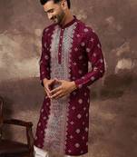 Men maroon silk blend solid embroidered straight kurta with pant set