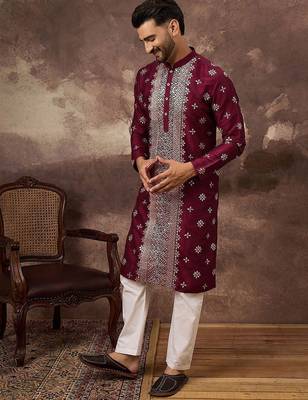 Men maroon silk blend solid embroidered straight kurta with pant set 2