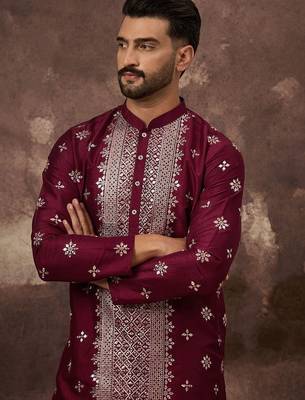 Men maroon silk blend solid embroidered straight kurta with pant set 3